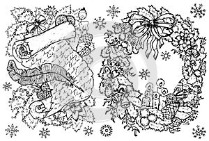 Black and white design set with graphic hand drawn elements of decorated garland