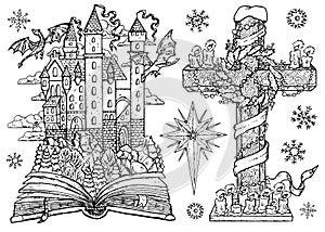 Black and white design set with graphic hand drawn elements of magic castle