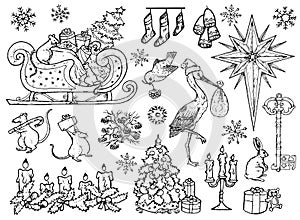 Black and white design set with graphic hand drawn elements of Santa sledge