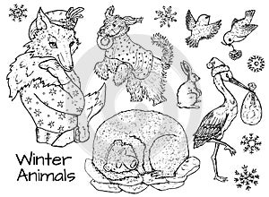 Black and white design set with graphic hand drawn elements of winter animals