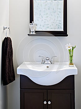 Black and white designer bathroom with mirror and