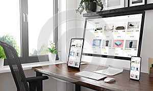 black and white desktop with three devices showing online shop