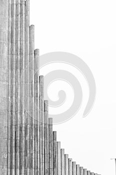 Black and white detail photograph of the front of Hallgrimskirkja tower