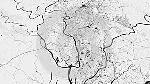 Black and white Dhaka map background loop. Spinning around Bangladesh city air footage. Seamless panorama rotating over downtown