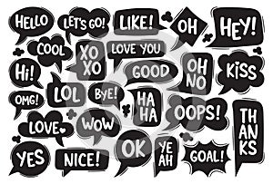 Black and White Dialog Speech Bubbles. Hello, Lets Go, Like, Ho and Hey. Cool, Hi, Xo Xo and Love You. Good, Oh No, Kiss