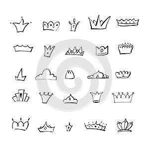 Black and white different doodle crowns collection. Line art king or queen crown sketch, tiara, beautiful diadem and