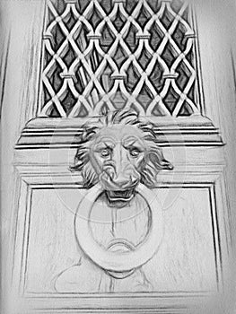 Black and white digital drawing of a lion& x27;s head knocker on a wooden door