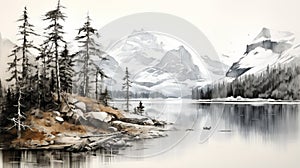 Black And White Digital Painting Of Mountains And Lakes