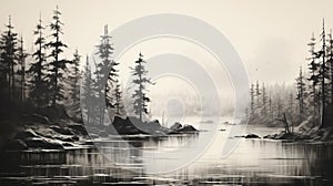 Black And White Digital Painting Of A River With Trees And Fog