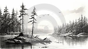 Black And White Digital Painting: Serene Pine Trees By The River