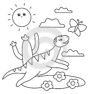 Black and white dino running for a butterfly under the sun. Summer scene outline illustration with cute dinosaur. Funny