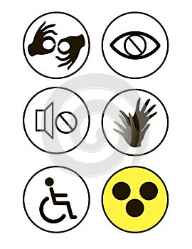 Black and white disability symbols and signs collection, may be used to publicize accessibility of places, and other