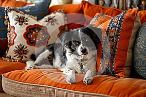 A black and white dog adds a touch of liveliness to an eclectic and elegantly decorated room, replete with vibrant orange cushions