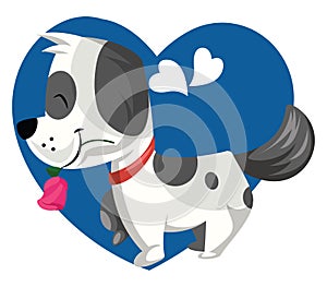 Black and white dog holding a pink rose in his mouth vector illustration in blue heart