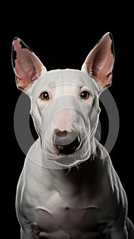 Black and white dog, with its eyes looking directly into camera. It is sitting on dark background, which contrasts