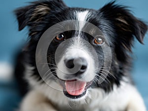 A black and white dog laying down on a blue background