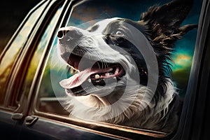 Black and white dog is looking out the window of car. Generative AI