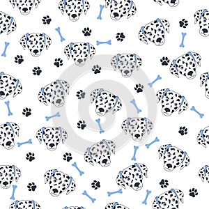 Black-white dog muzzle Dalmatian. Seamless pattern with cute cartoon dogs muzzle dalmatians