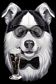 A black and white dog wearing glasses and a bow tie, AI