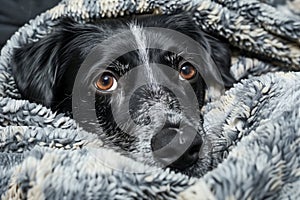 Black and white dog wrapped in a cozy blanket