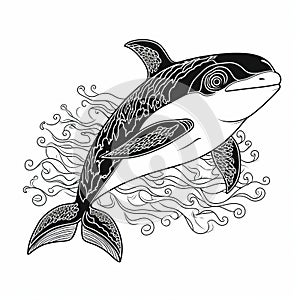 Black And White Dolphin Tattoo Design With Wavy Lines And Organic Shapes