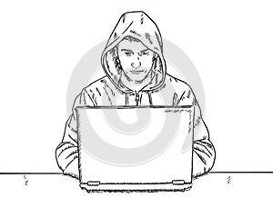Black and white doodle of hacker sitting in front of his desk and hacking