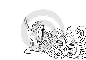 Black and white doodle illustration. Pregnant woman praying. Girl with water instead of hair