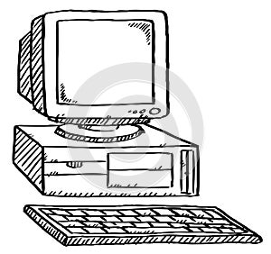 Black and white doodle of retro computer