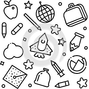 Black and white doodle seamless pattern with school and education element