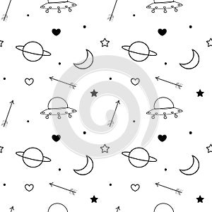 Black and white doodle seamless vector pattern background with moon, planet, stars, heart, arrows and ufo