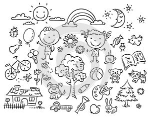 Doodle set di oggetti da cui una vita in bianco e nero di contorno.