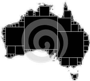 Black and white dotted map of Australia. Consisting of smoothly decreasing squares of the maximum size inscribed into the form.
