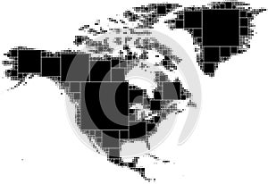 Black and white dotted map of North America. Ð¡onsisting of smoothly decreasing squares of the maximum size inscribed into the