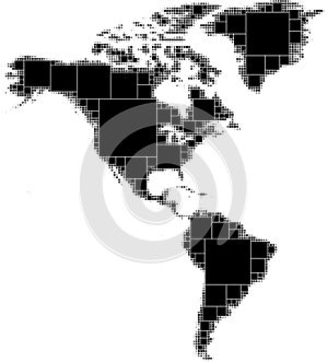 Black and white dotted map of North and South America. Consisting of smoothly decreasing squares of the maximum size inscribed in