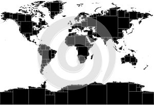 Black and white dotted world map consisting of smoothly decreasing squares of the maximum size inscribed into the form.