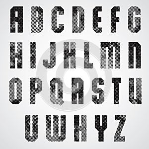 Black and white dotty graphic upper case letters, industrial font.