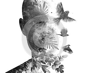 A black and white double exposure paintography male portrait with a concept