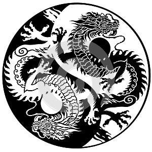 Black and white dragon silhouettes in yin yang symbol