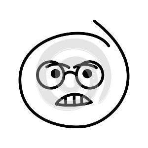 Black and white drawing of an angry emoticon with open eyes, eyebrows and an open toothy mouth. Smiley bespectacled man wearing photo