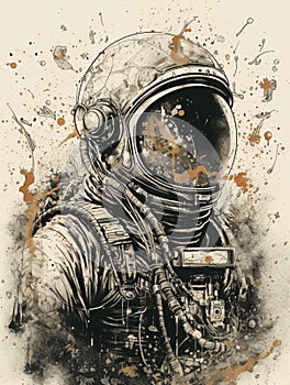 Black and white drawing of an astronaut in space done in graphic art style. AI generated