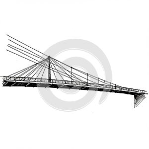 Black and white drawing of a cable-stayed bridge. The bridge features multiple cables