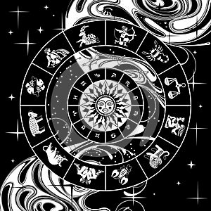 Black and white drawing of circle with zodiac signs, constellations, sun and abstract background