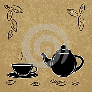 Black And White Drawing Of Cup And Teapot. Silhouette Of A Cup Of Tea And Teapot.
