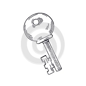 Black and white drawing of door key. Outlined woodcut engraving of isolated locking item drawn in vintage style. Retro