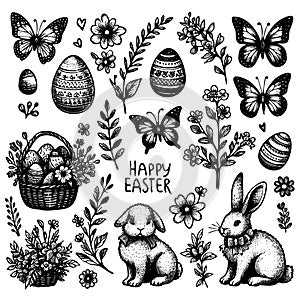 A black and white drawing Easter decorations including a basket of eggs