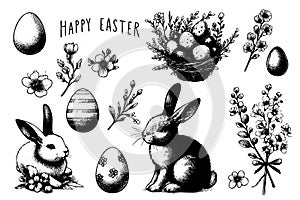 A black and white drawing of Easter eggs, flowers, and rabbits