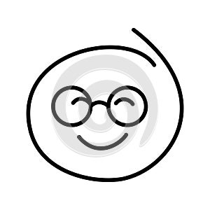 Black and white drawing of an embarrassed, pleased, shy emoticon, smiley bespectacled man wearing round glasses with closed eyes photo