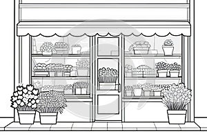 a black and white drawing of a flower shop with potted plants in front of it