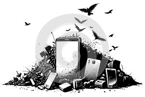 black and white drawing with a gadget dump, birds flying over it, white background