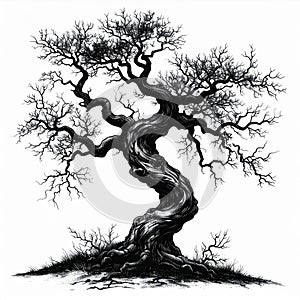 Black And White Drawing Of A Gnarled Old Tree
